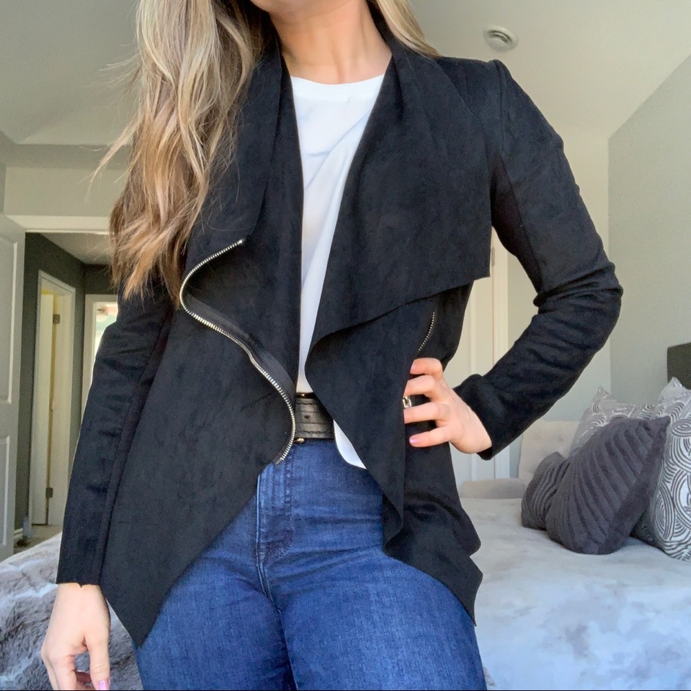 Black faux suede drape zipper jacket